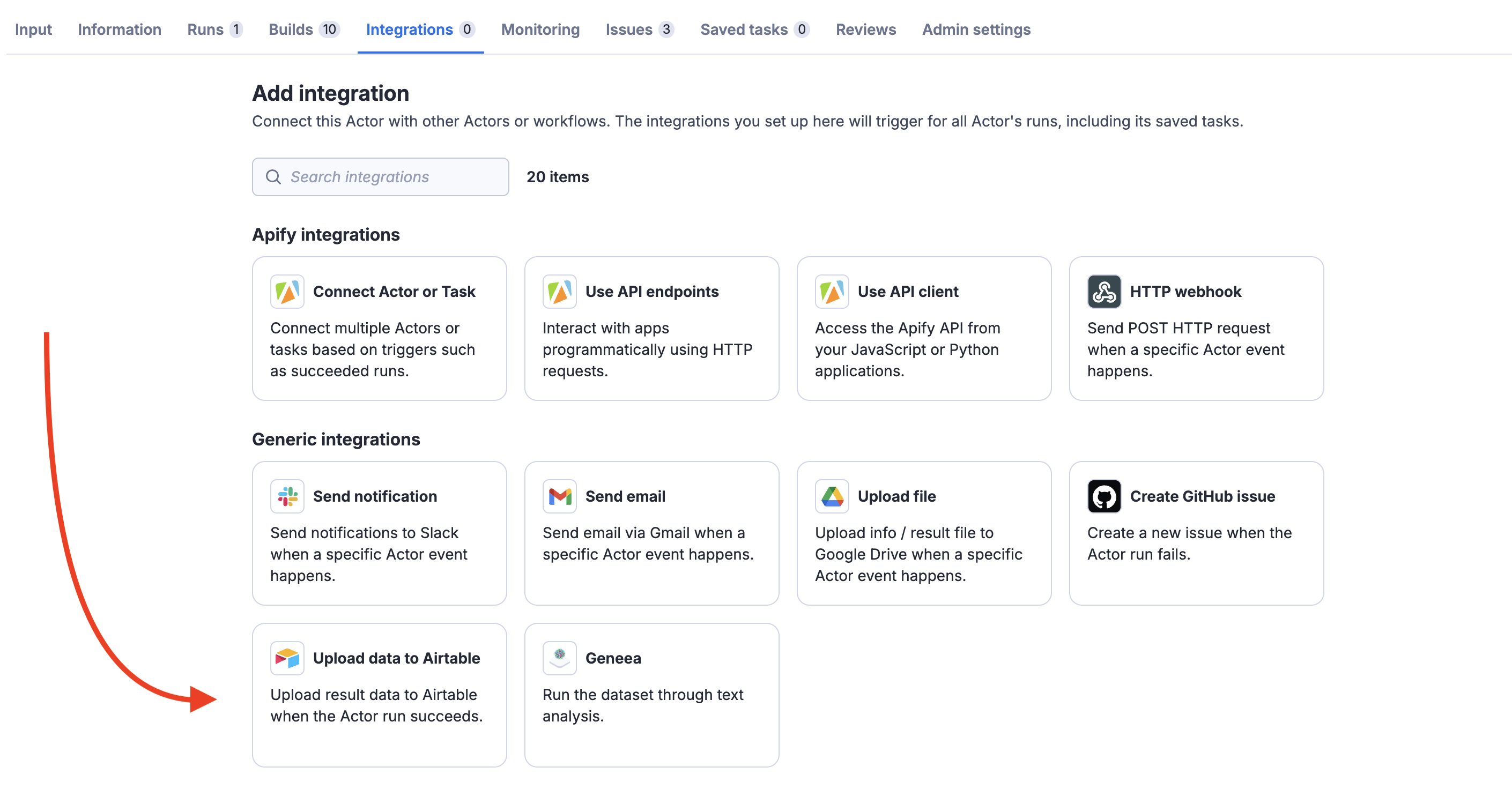Airtable integration option among other available integrations